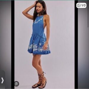 Free People Blue Backless Dress with White Floral Pattern